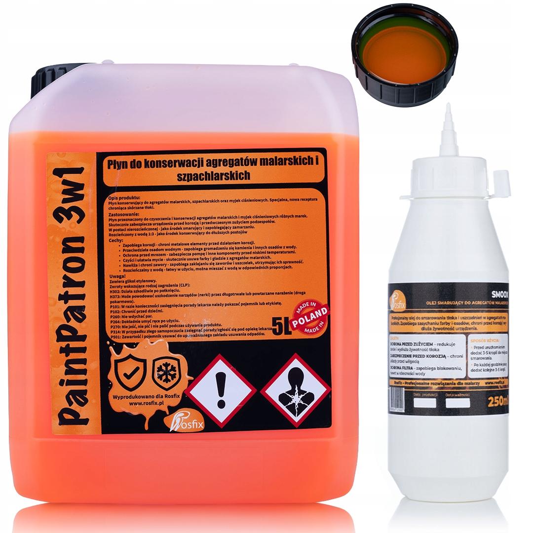 Rosfix Zestaw Serwisowy do Agregatów Malarskich – Olej Smoox 0,25L + Płyn 3w1 5L | Kompatybilny z Graco, Wagner, Titan | Profesjonalna Konserwacja