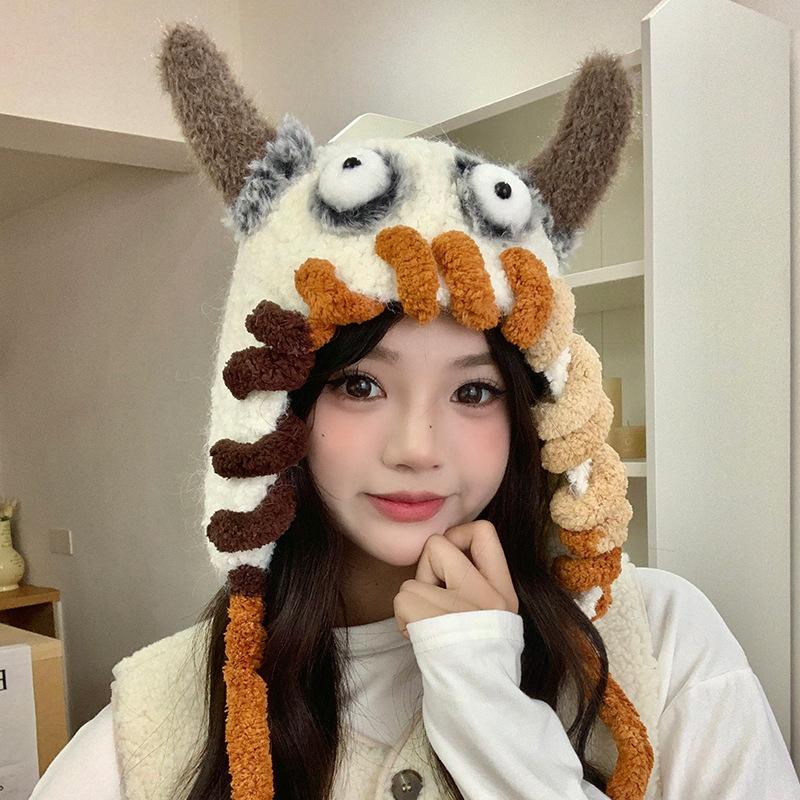 Cute and Funny Little Monster Wool Hat Women's Autumn and Winter Warm Knitted Plush Ear Protector Pullover Hat Shows Small Face