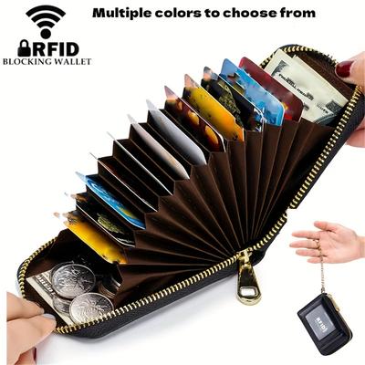 Titular de la tarjeta de crédito RFID, pequeña cartera de cuero con cremallera y ventana de identificación de llavero extraíble