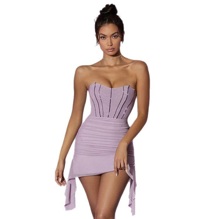 European and American new pure desire style dress collarless sweet temperament hot diamond mesh tube top female sexy spice girl style
