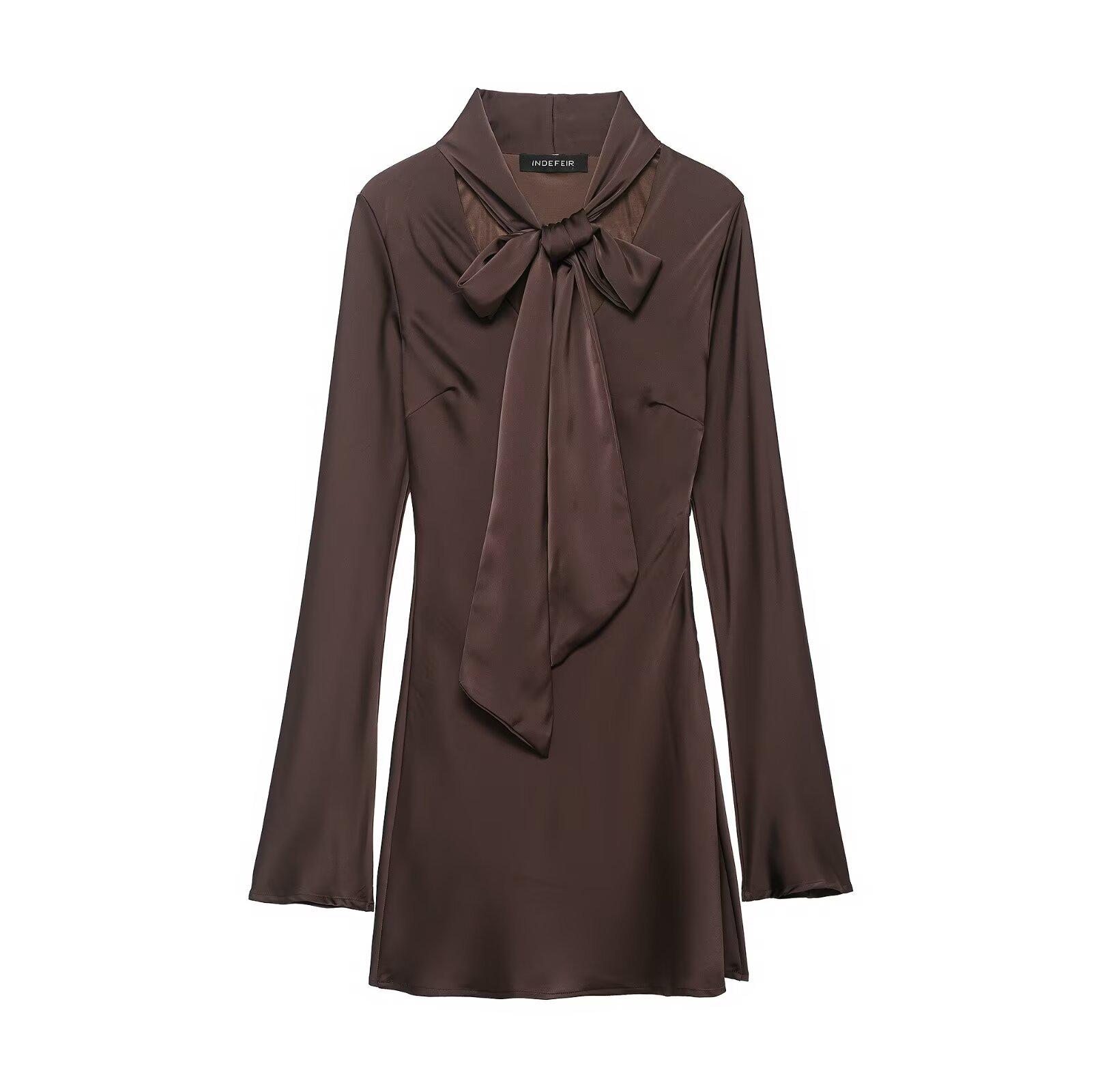 

Spring 2026 Silk V-neck Long Sleeve Dress with Scarf Decoration - European & American Style Small как