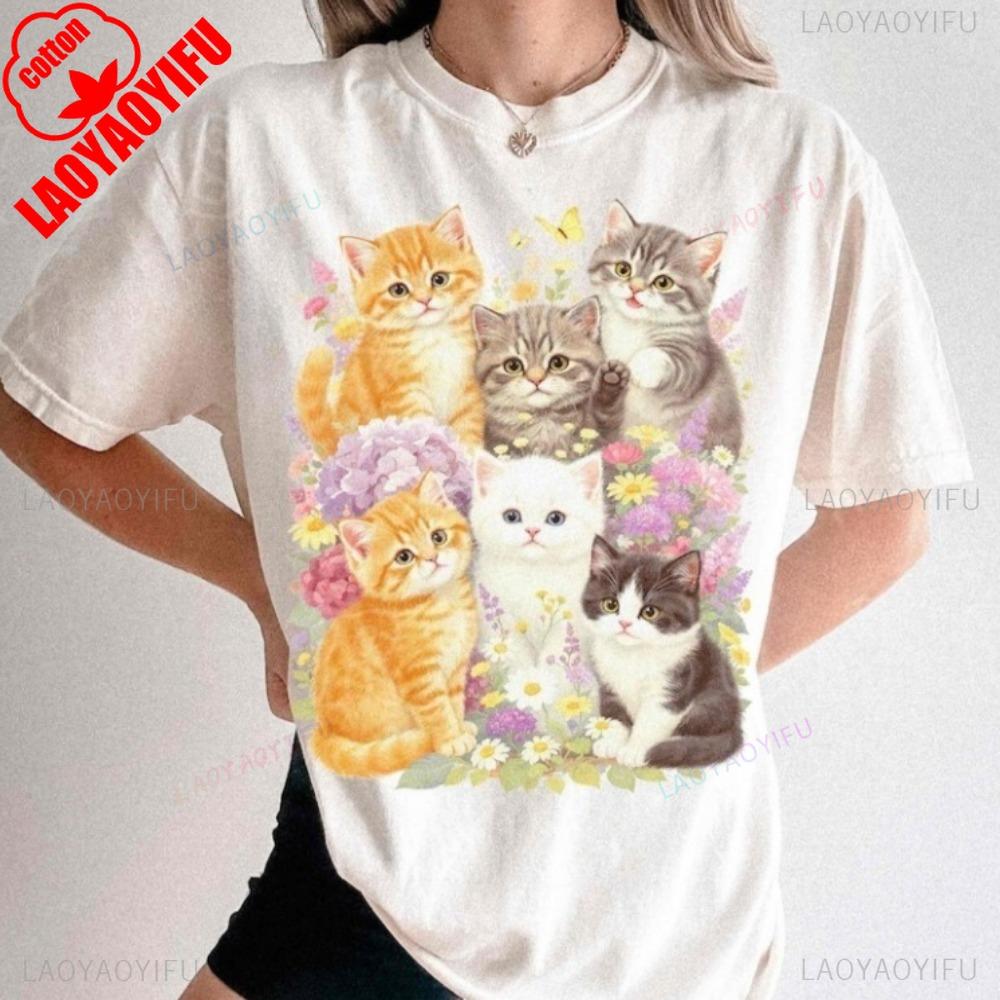 Retro Kitten Shirt Vintage Floral Cat Tee Cottagecore Cat Lover Gift Oversized T Shirt Aesthetic Kawaii Clothes Harajuku