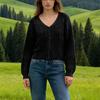 Women Lightweight V Neck Button Front Knit Sweater Openwork Pattern Long Sleeve Casual Pullover Top