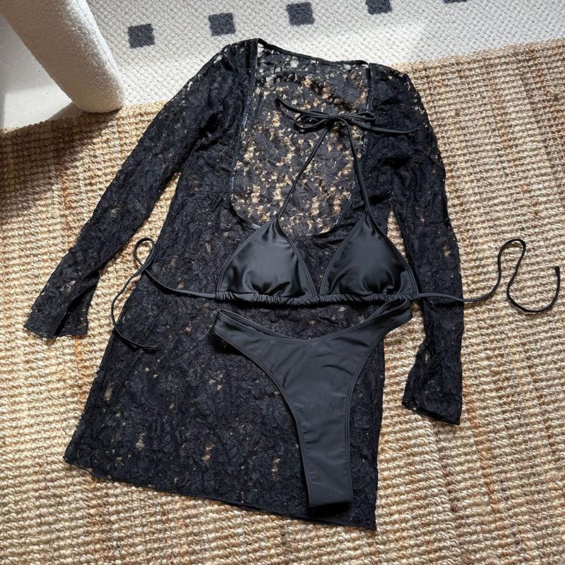 Sexy Long Sleeve Mesh Dress 3 Piece Bikinis Sets Women White Push Up High Waist Swimsuit Bathing Suit Holiday Swimwear