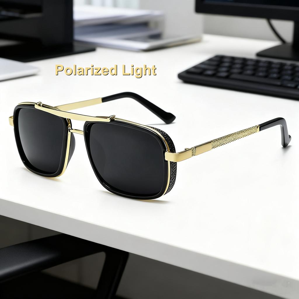 New Fashion Double Beam Polarized Men'S Sunglasses Retro Neutral Driving With Thick Edges Uv400 Sunscreen Sunglasses