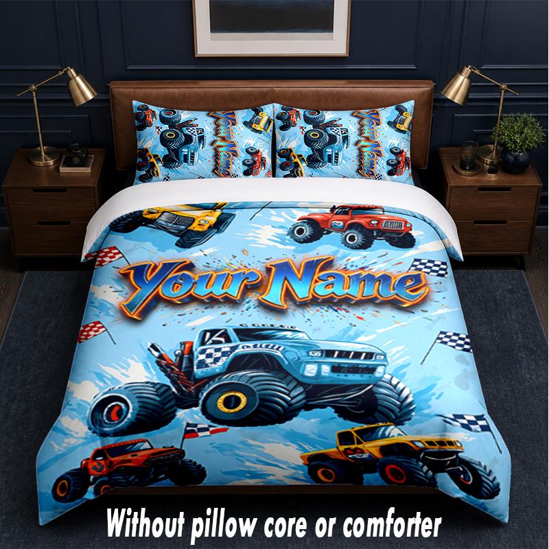 Monster Truck Theme Custom Text Or Name 3Pcs Bedding Set,1 Flat Sheet & 2 Pillowcases Personalized Home Bedding