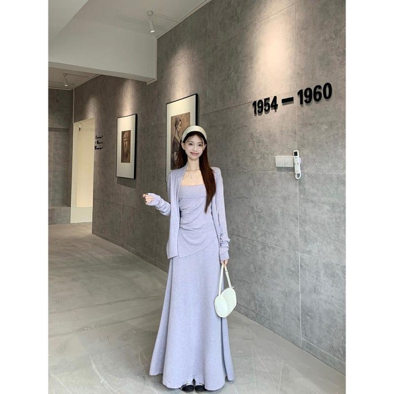 Autumn 2025 Women s Trendy Pleated Vest & Cardigan Set with High-Waisted Skirt Large