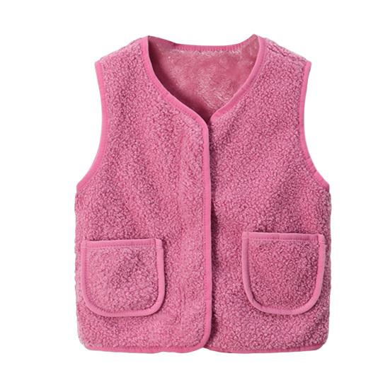 Barn Fleece Vest Ermløs Jakke Ensfarget V-hals Glidelåsvest med Lommer Varm Vinter Plysjvest for Gutter Jenter