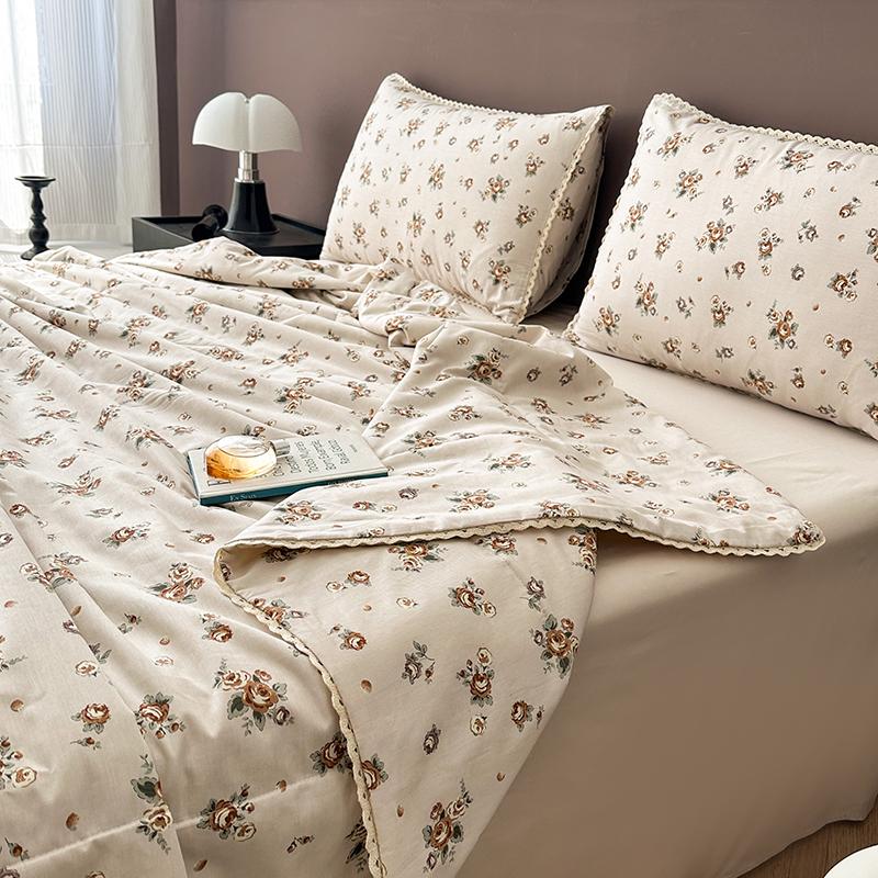 Rose Garden Vintage Floral Summer Quilt Khaki 100% Cotton Reversible Thin Comforter Bedding Set Air Conditioner Quilts Bedspread