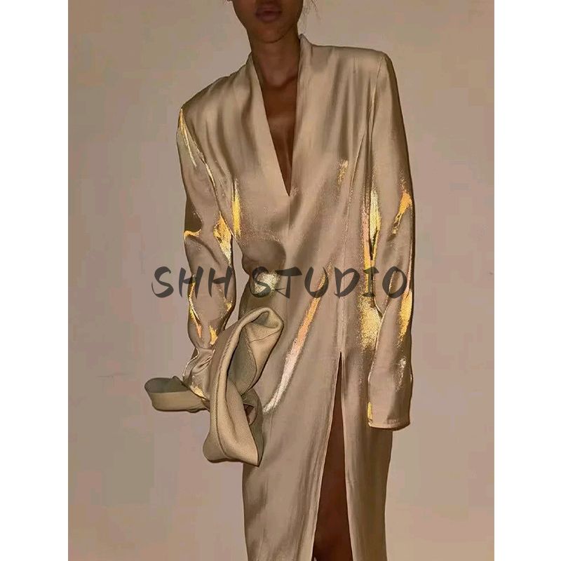 Spring New Women's Clothing French Style Casual Plaid Loose-Fitting V-neck Long Sleeves A- line High Waist Mid Length Long Length Dress