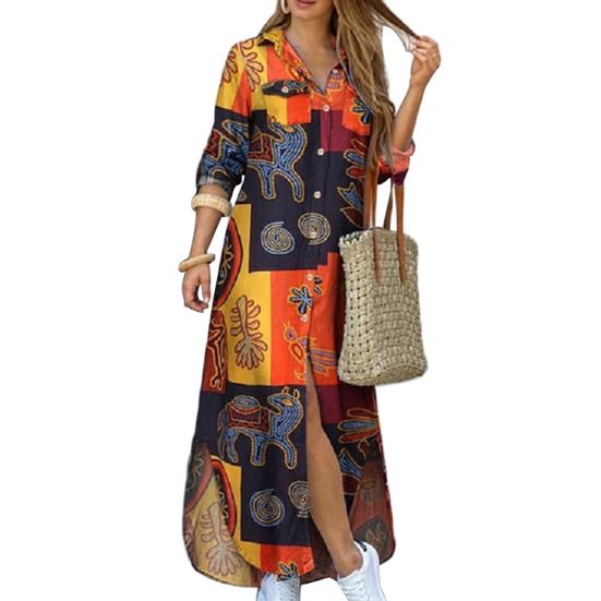 Women Fashion Long Sleeve Printed Pockets Buttons Party Beach Maxi Shirt Dress
