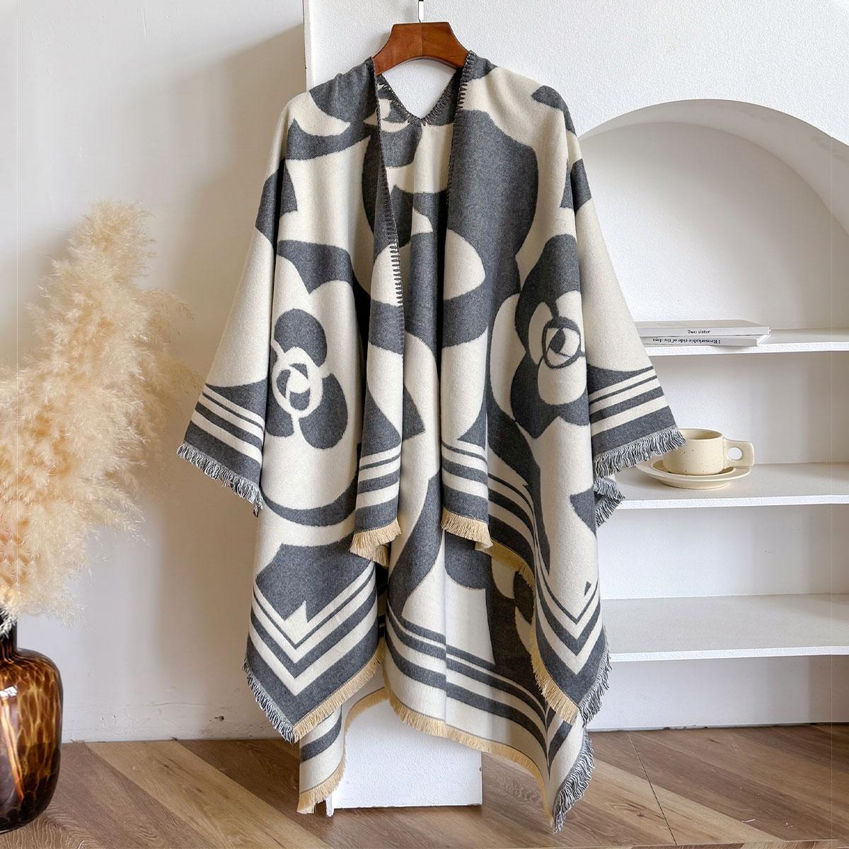 Ethnic Style Women Imitation Cashmere Scarf, Thick And Warm, Large Square Scarf, Fashionable And Versatile, Elegant Scarf серый