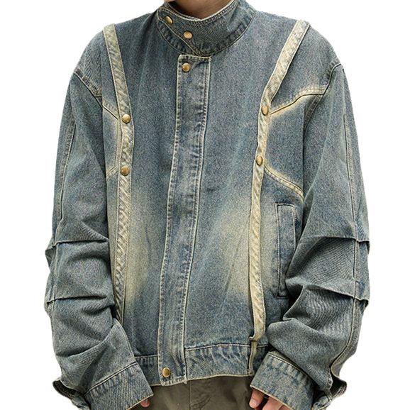 Men's Retro Patchwork Denim Jacket - Loose Fit, Casual Versatile Design for Spring and Autumn