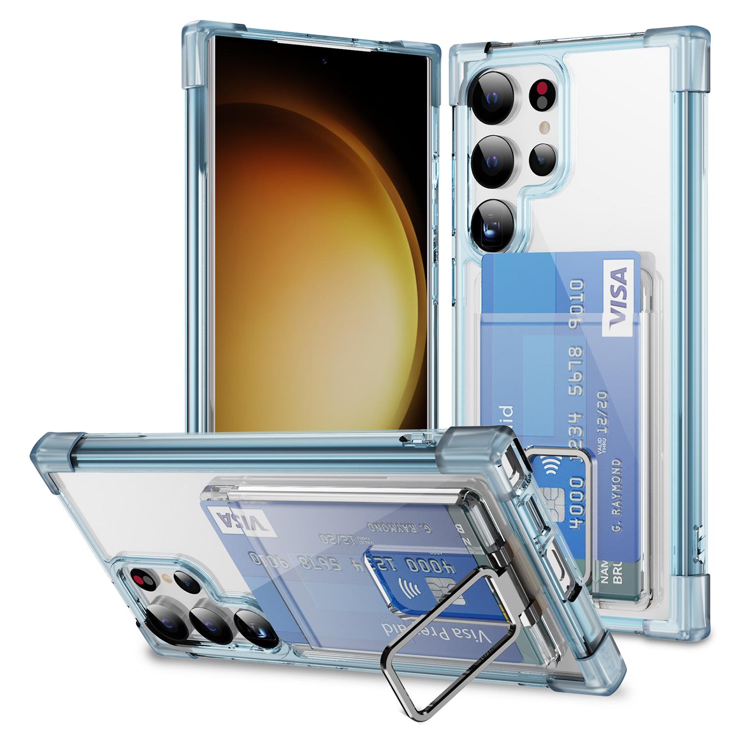 

For Samsung Galaxy S24 Ultra Case Reinforced Corners TPU+Acrylic Phone Cover with Kickstand Card Holder Transparent Blue