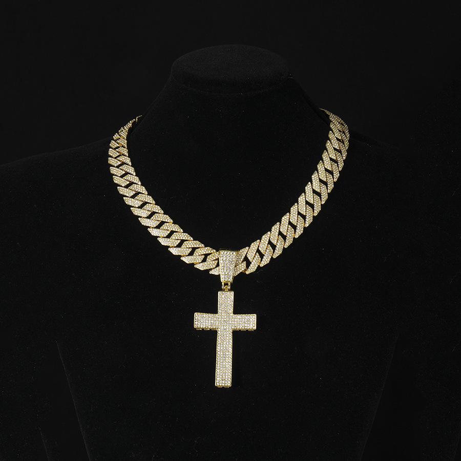 European & American Style Rhinestone Cross Pendant Cuban Chain Hip Hop Necklace 18 inch/45 cm