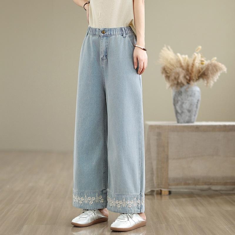 plus size Vintage embroidery floral high waist casual loose Women summer autumn spring jeans denim Straight Pants
