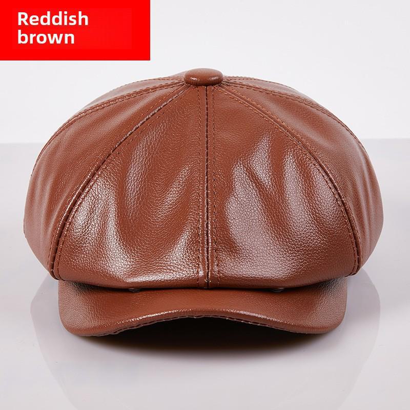 Trendy Korean-Style Cowhide Leather Octagonal Beret for Men - Autumn/Winter