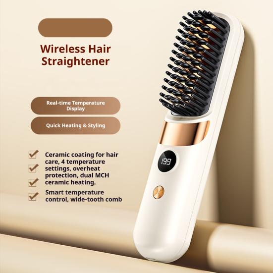 Portable Hair Straightener Brush 4 Temperature Adjustable LED Display Fast Heating Cordless Electric Hot Brush Curly Hair Styling Detangling Comb