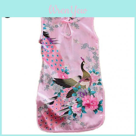 Elegant Children Girls Chinese Cheongsam Dress With Floral Peacock Pattern Sleeveless Summer Wear