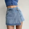 Women High Waist Wrap Denim Skort Light Blue Casual Jean Skirt Shorts