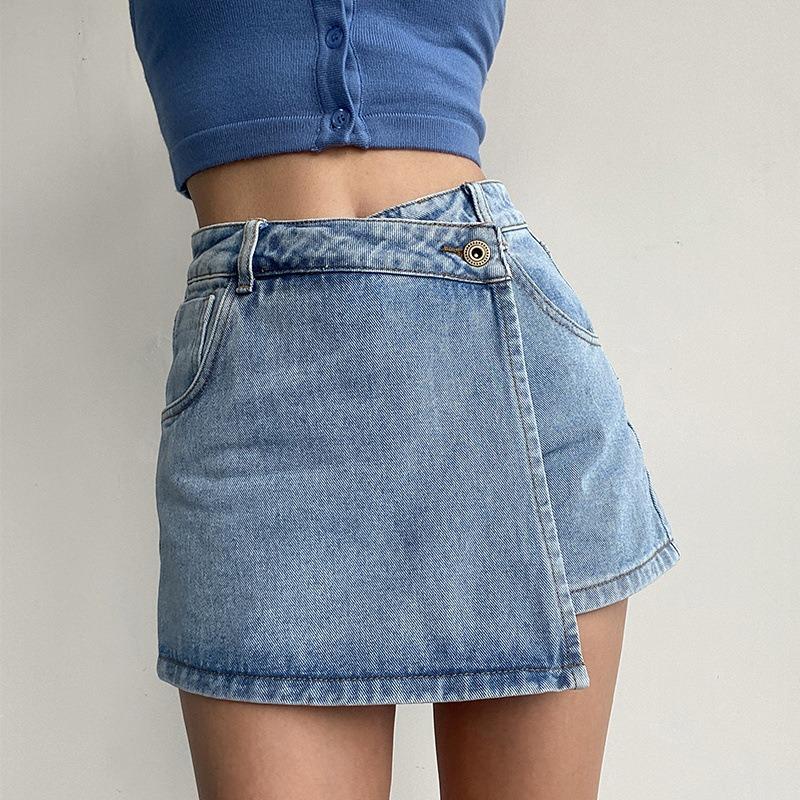 

Women High Waist Wrap Denim Skort Light Blue Casual Jean Skirt Shorts S синій