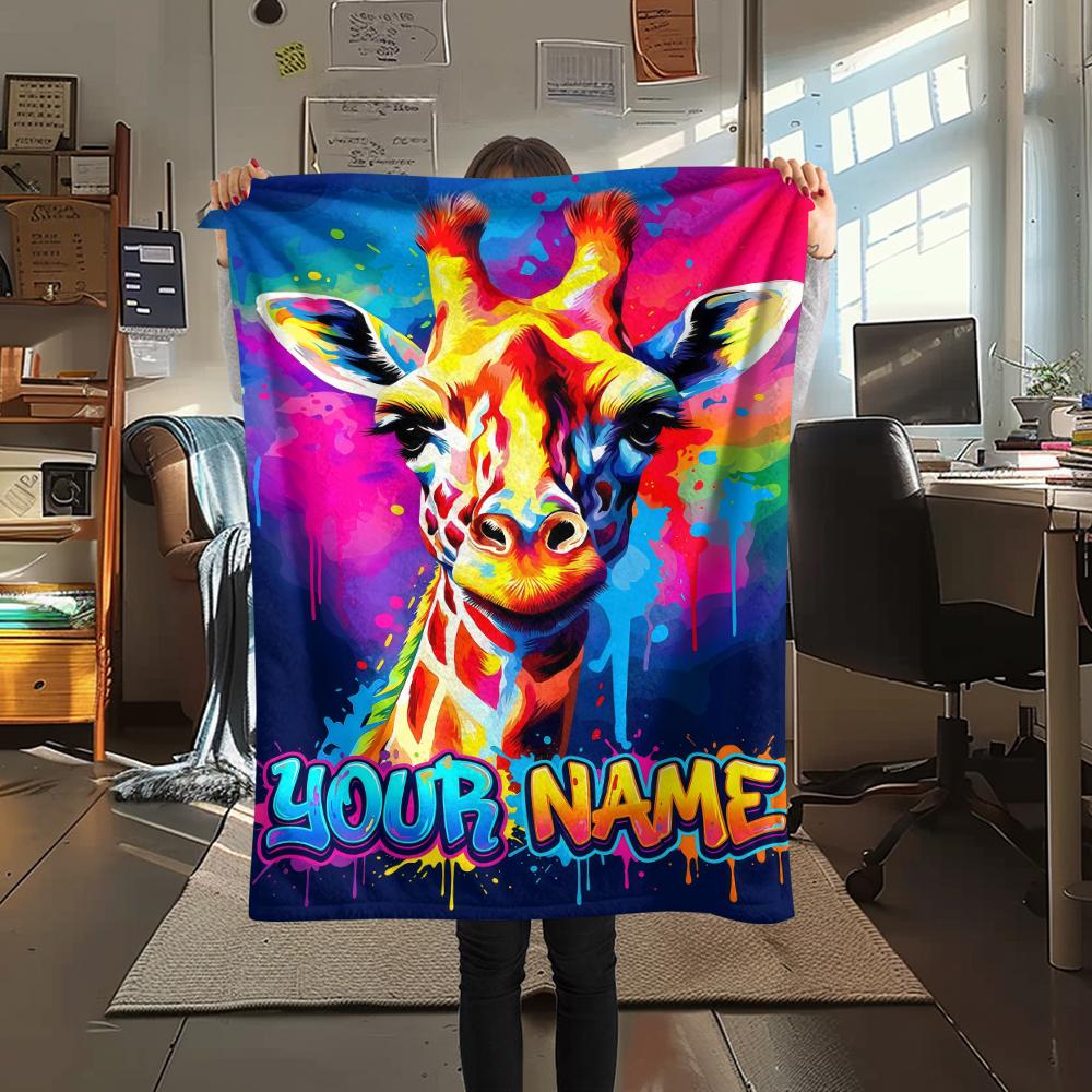 1PC Custom Name Giraffe Floral Name Art Patterned Flannel Blanket Suitable For All Seasons for Home Decor Warmth and Comfort Gifts Holiday Present_lx