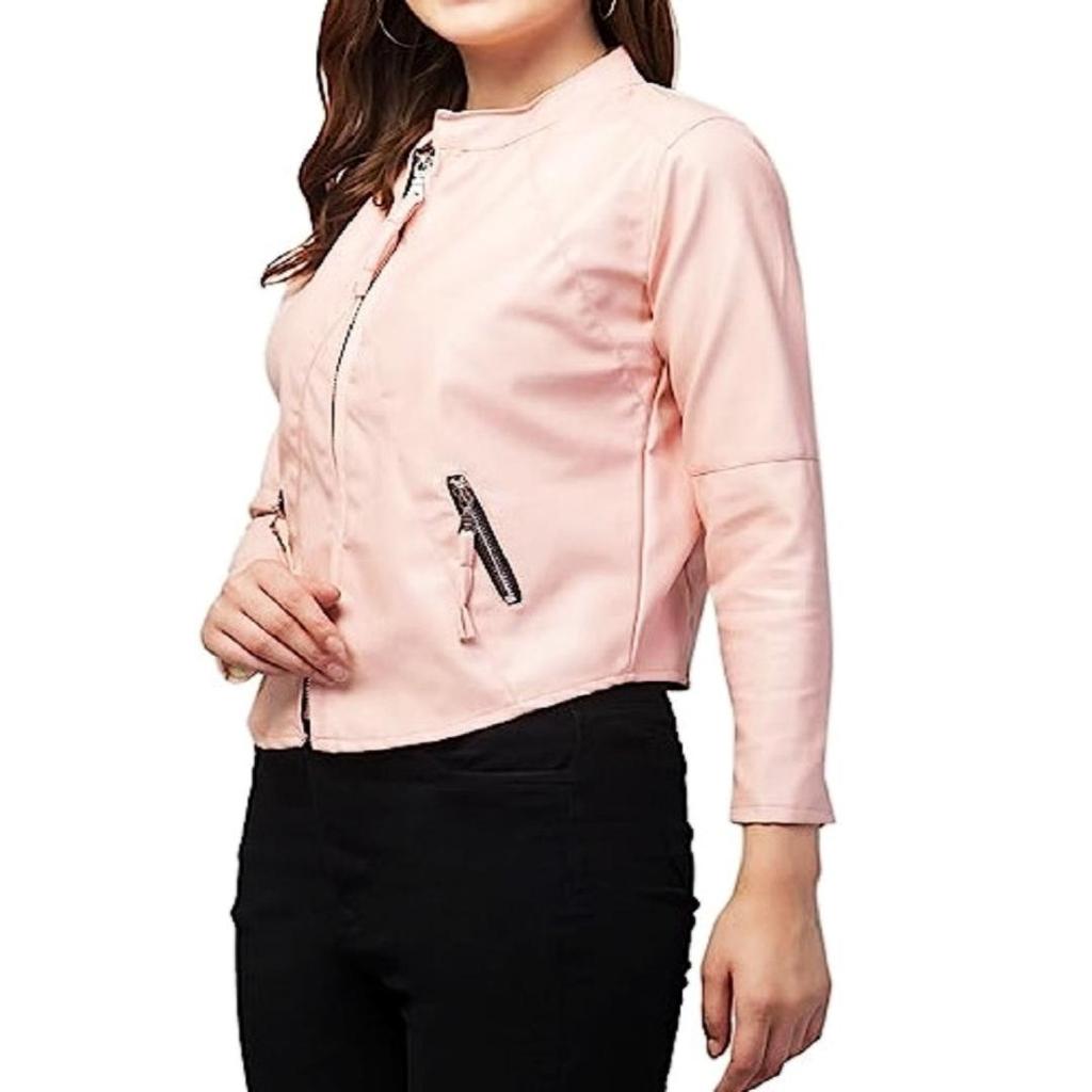NOORA Womens Real Lambskin Baby Pink Leather Jacket With Zipper & Pocket | Shoulder Strap | Snap On Sleeves |