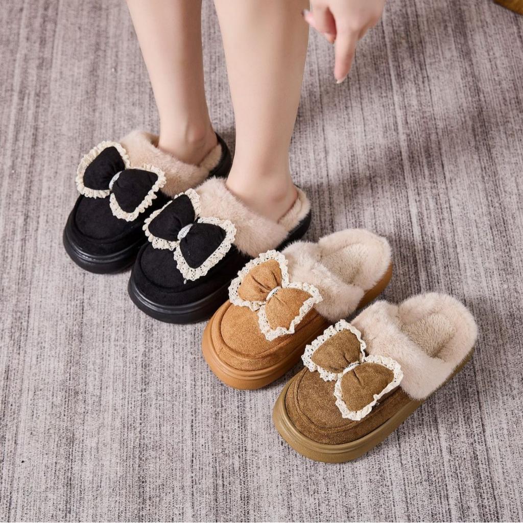 Women's Winter Fluffy Fleece Indoor Sandals Warm Room Fur Bow Slippers for Home Slip On Plush Shoes EVA Lightweight Comfort House Shoes for Bedroom