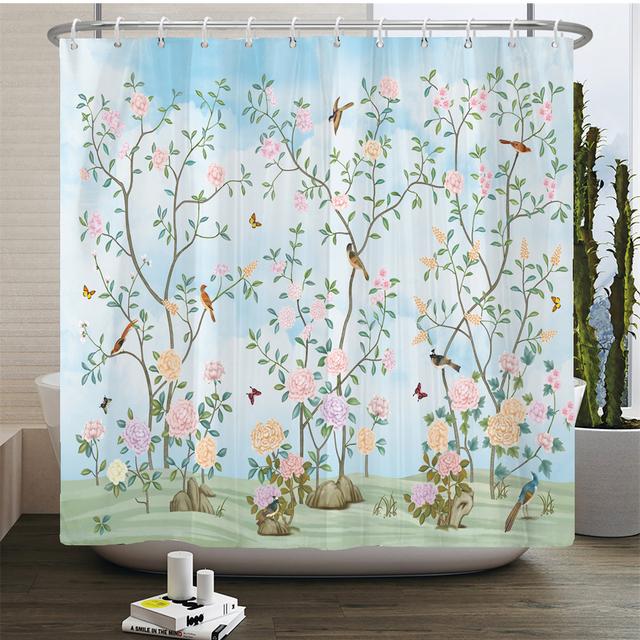 European Flowers, Birds, Plants Bath Curtains Waterproof Shower Curtain 3D Printing Bathroom Decoration With Hook Bath Screen