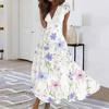 Summer Women Casual Long Dress V Neck Short Sleeve Waist Retraction Printed Flowy Dress