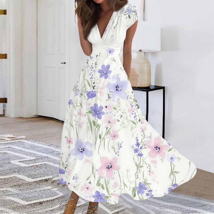 Summer Women Casual Long Dress V Neck Short Sleeve Waist Retraction Printed Flowy Dress