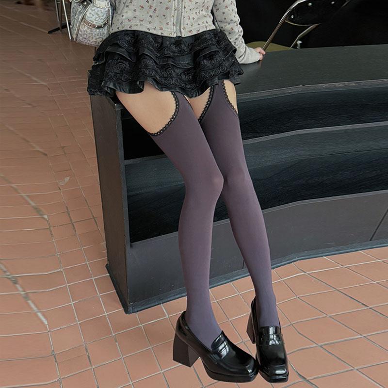 Women Girls Sexy Stockings with Belt Suspender Wide-banded Tights Thigh High Long Socks Lace Velvet Pantyhose Over Knee Socks