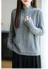 Elegant Pure Wool Cable Knit Sweater: Women's Half-High Collar, Zipper, Long Sleeve, Loose Fit