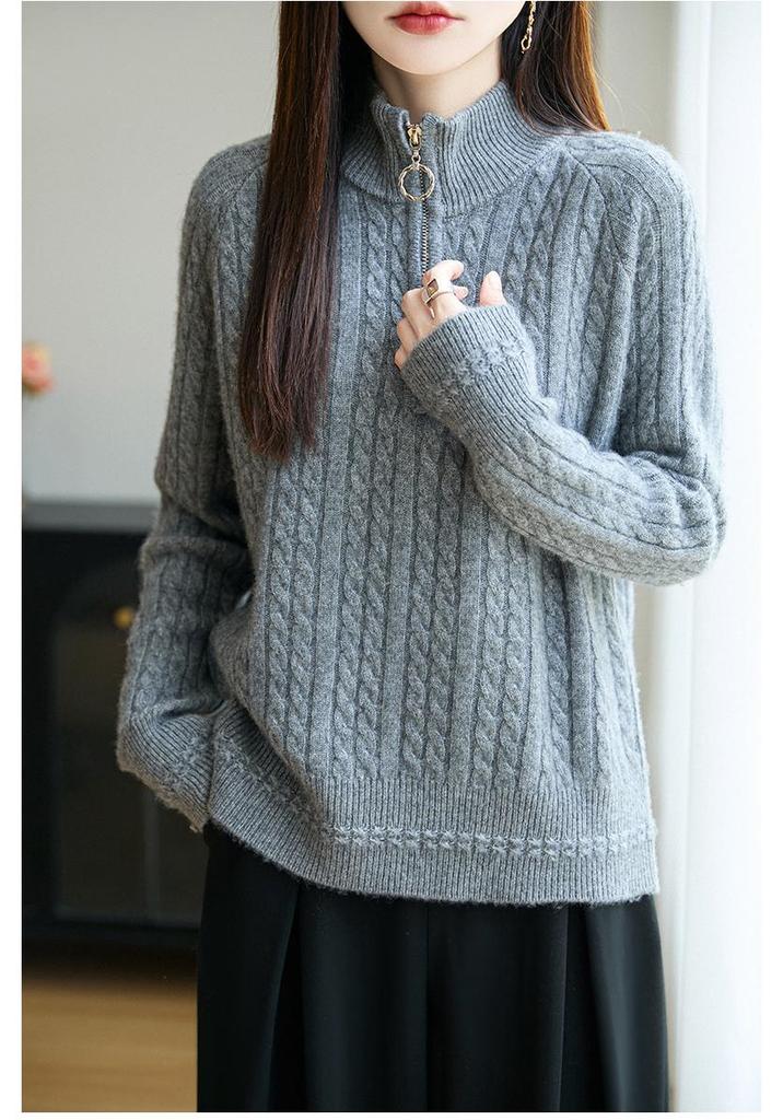 Elegant Pure Wool Cable Knit Sweater: Women's Half-High Collar, Zipper, Long Sleeve, Loose Fit