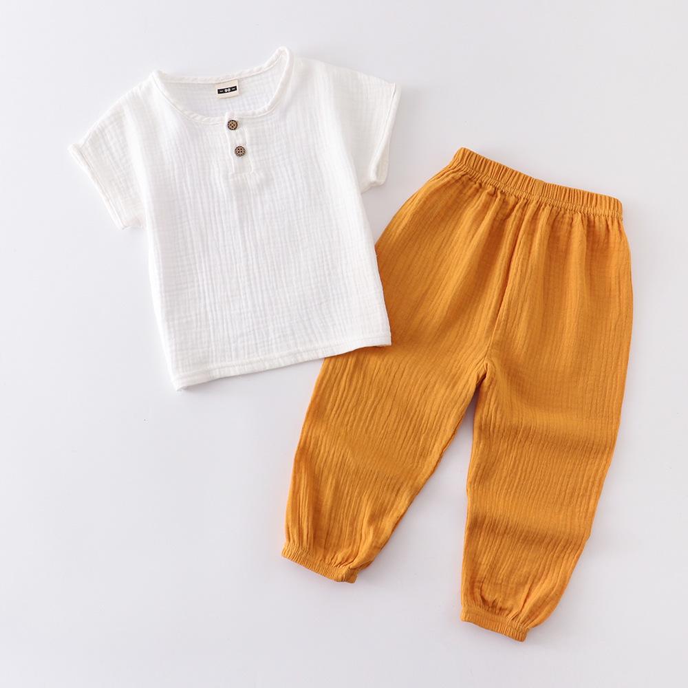 Kids' Summer Cotton Linen Two-Piece Set - Short Sleeve Top & Joggers