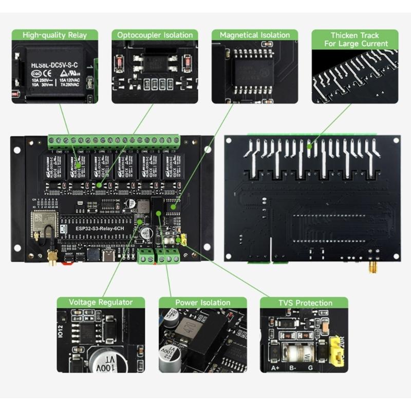 Industrial 6CH ESP32S3 WiFi Relays Module Onboards RS485 HAT Interfaces Supports WiFi Bluetooth-compatible