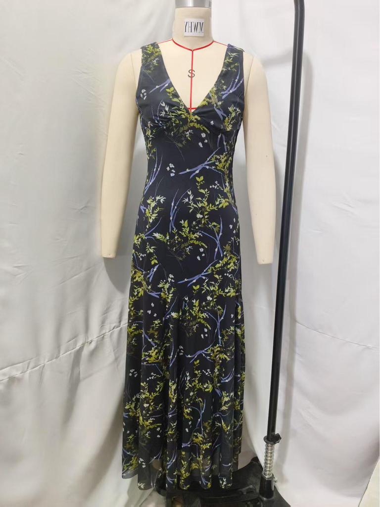 2025 Spring/Summer Women's European & American Style Waist-Hugging Sexy Printed Dress