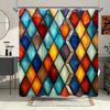 1pc Stained Glass Window Panel Shower Curtain - Vibrant Diamond Pattern in Blue, Red, Orange, Yellow & Brown, Traditional Modern