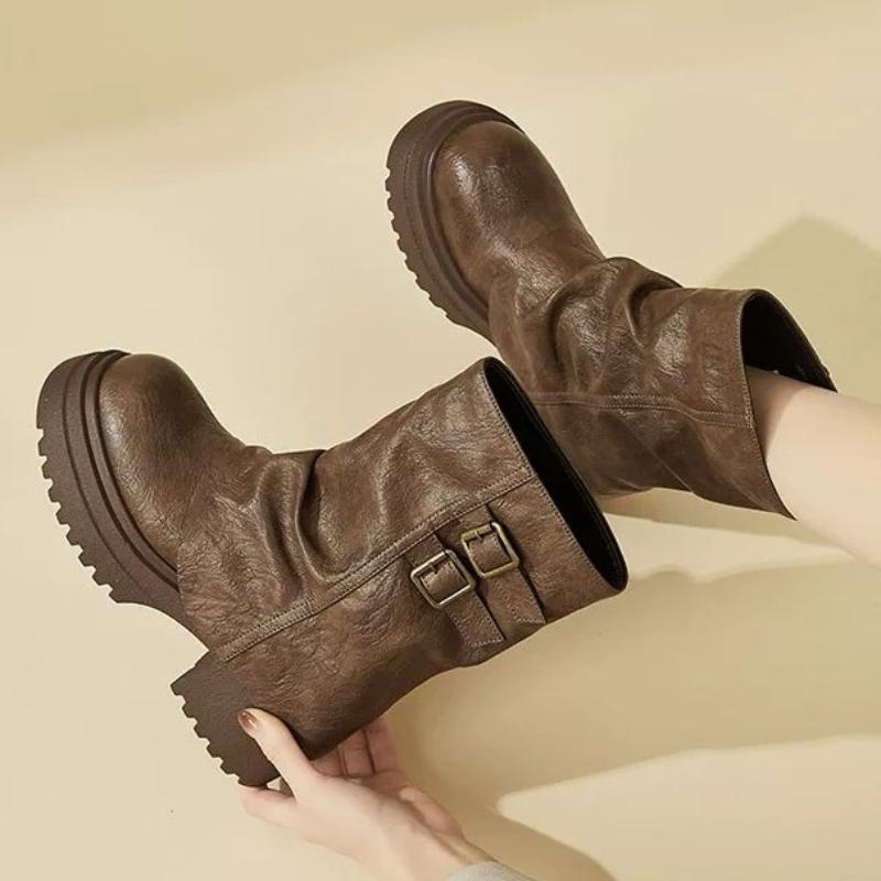 Fashion Ankle Women Boots Platform Chunky Fashion Shoes Elegant 2025 Winter New Pleated Chelsea Leather Shoes Woman Party Pumps Botas