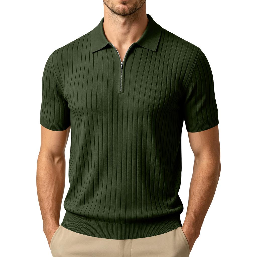 Men's Summer Short Sleeve Polo Shirt Ribbed Knit Half Zip Collar Casual Lightweight Breathable Pullover Top for Everyday Wear