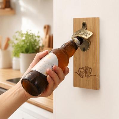 Bamboo Magnetic Bottle Opener, Wall Mount Beer Cap Catcher with Strong Magnet, Rustic Wood Fridge Opener for Home Bar