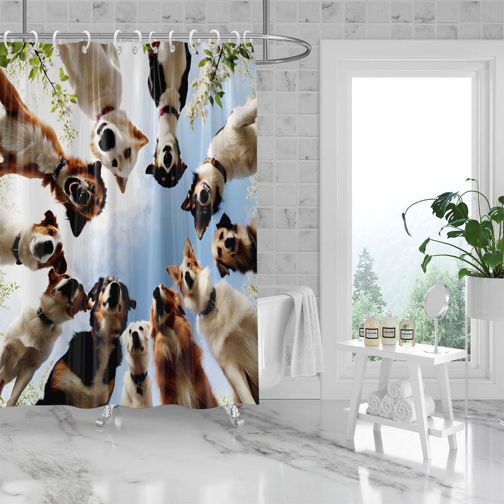 1pc Cute Dog Printed Waterproof Shower Curtain Shower Partition Bathroom Privacy Protection with 12 Hooks for Easy Installation