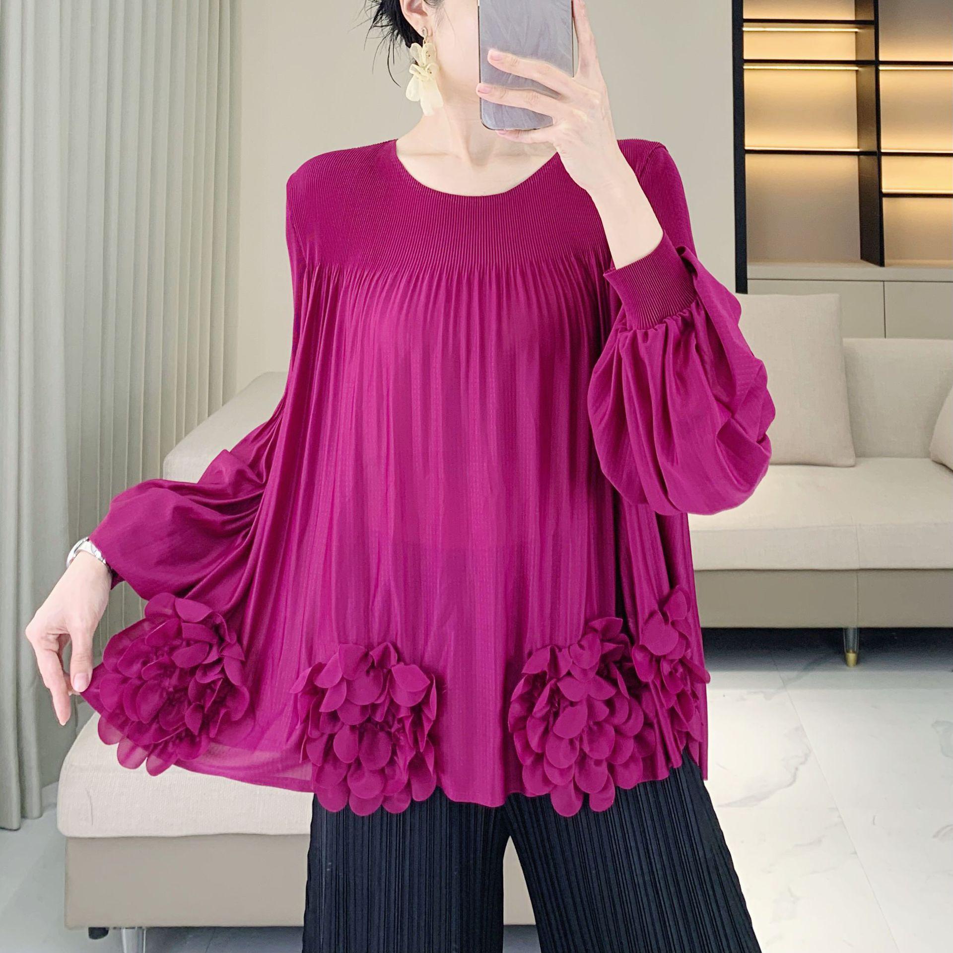 

2025 Spring & Autumn Slimming Plus Size Pleated Blouse with 3D Flower Design for Women One Size [45-75 kg] вино красного