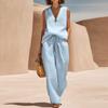 Women Sleeveless V Neck Loose Fit Pullover Top High Waist Wide Leg Pants Set Casual Two Piece Outfit