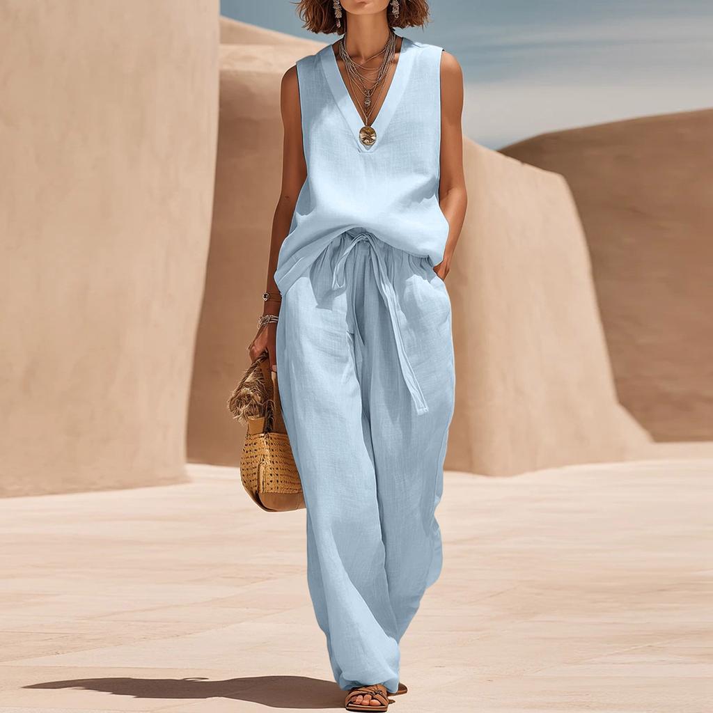 Women Sleeveless V Neck Loose Fit Pullover Top High Waist Wide Leg Pants Set Casual Two Piece Outfit
