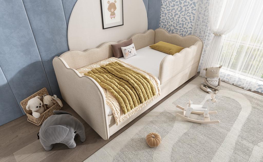 Polsterbett Tagesbett 90x190cm, Tagesbett Schlafsofa mit Ausziehbett 90x190cm, Kinderbett mit Lattenrost, Leinen, Beige, ohne Matratze