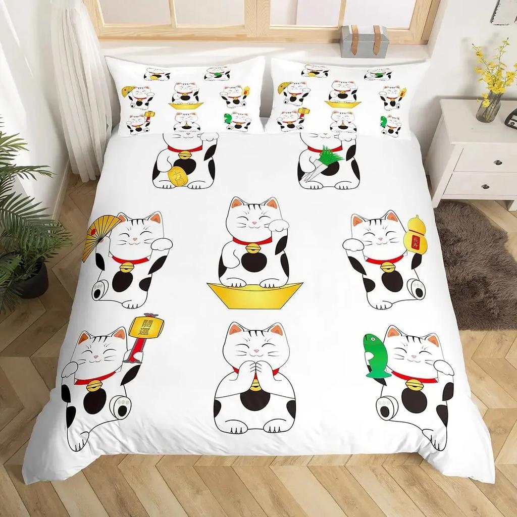 Lucky Cat Duvet Cover Set Japanese Style Hokusai Wave Pattern Bedding Sets Exotic Red Torii Gate Sun Decor Comforter Cover Set