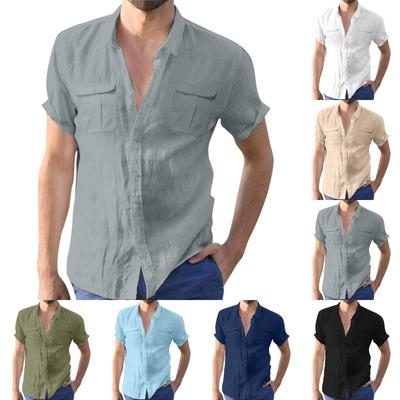 Sommer Neue Kragen Einfarbig Kurzarm Herren Leinen Doppel Tasche Hemd Herren Kleidung