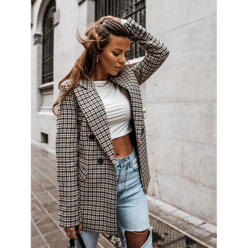 Tooxika Women's Autumn And Winter New Retro Double-breasted Plaid Print Small Suit Women's Mid-length Coat