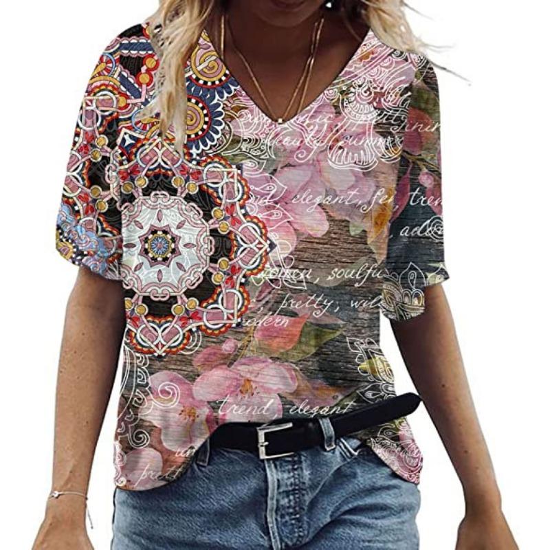 Summer V-neck 3D Feather Flower Printed Top Fashionable Casual Short Sleeved Women's T-shirts